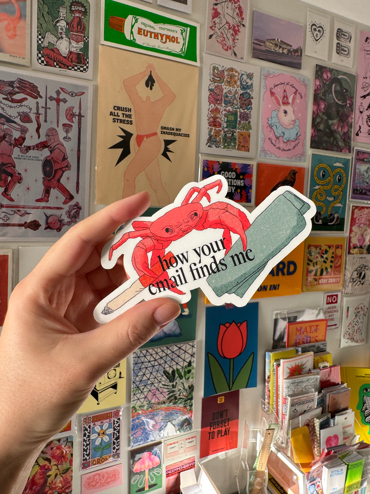 How Your Email Finds Me | LARGE Smoking Crab Matte Vinyl Die Cut Sticker