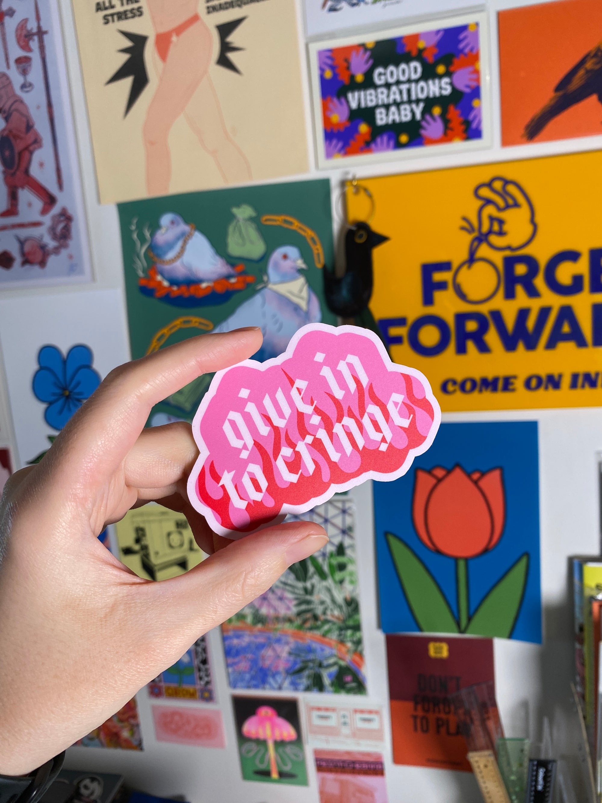 Give In To Cringe | PINK AND RED Matte Vinyl Die Cut Sticker