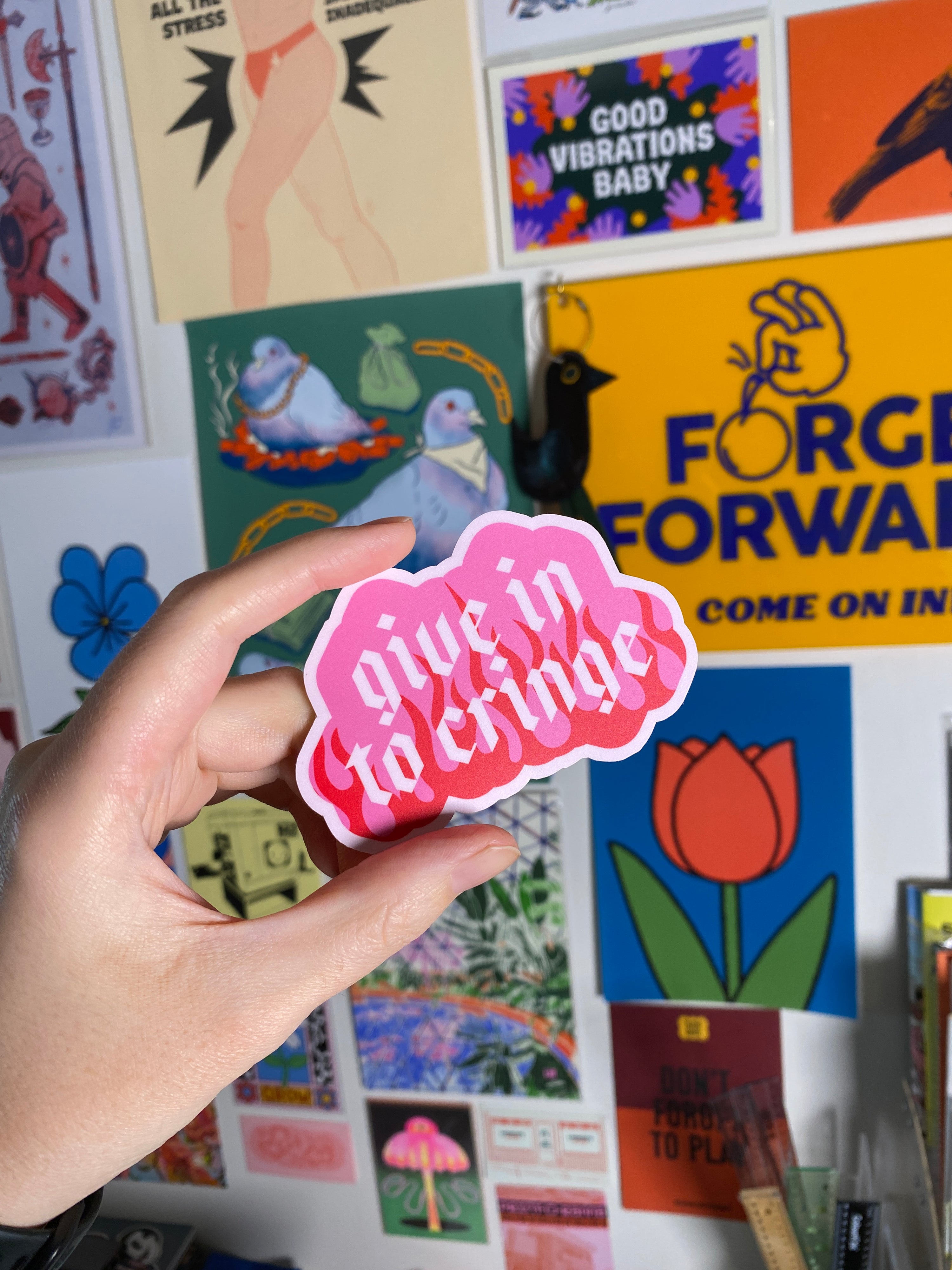 Give In To Cringe | PINK AND RED Matte Vinyl Die Cut Sticker